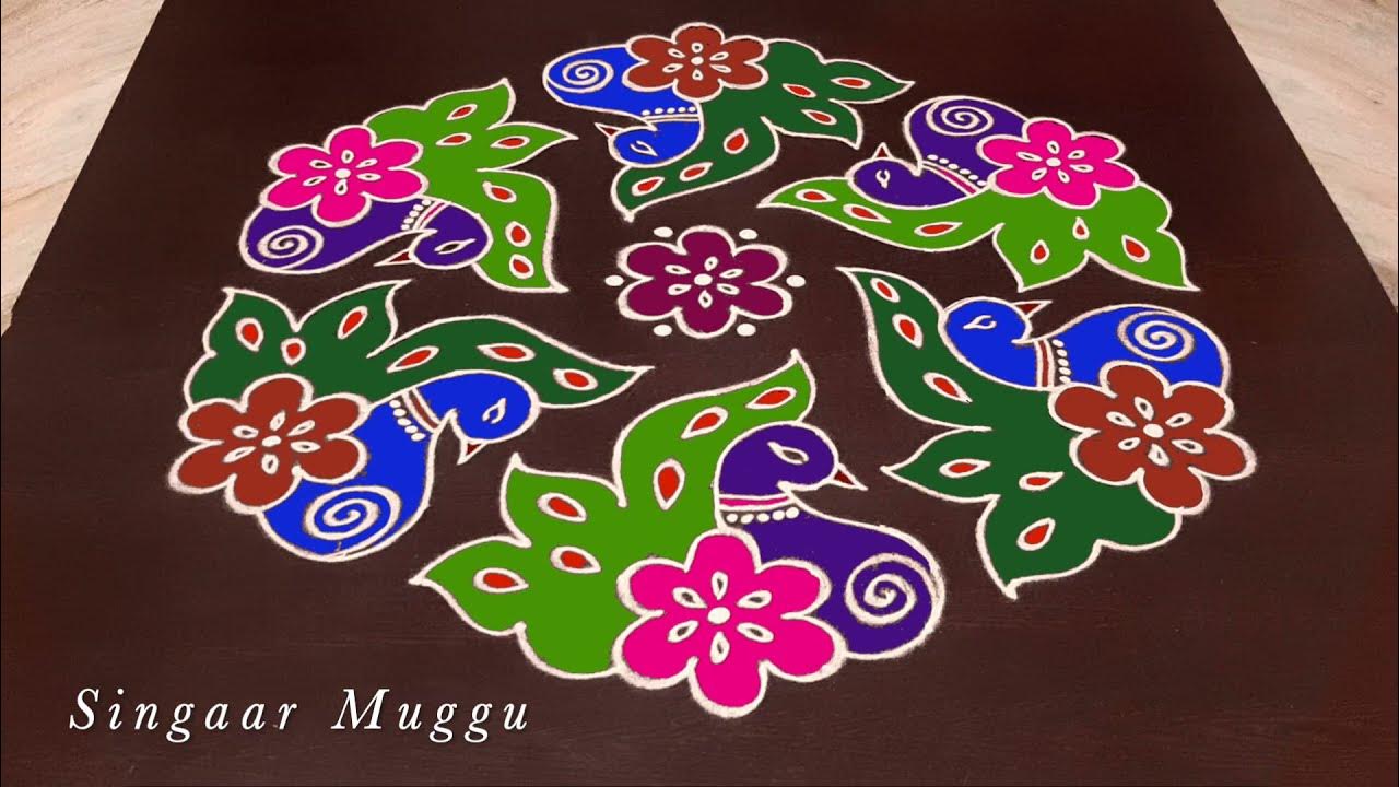 Sankranthi special peacock rangoli designs 13X7 dots | Pongal ...