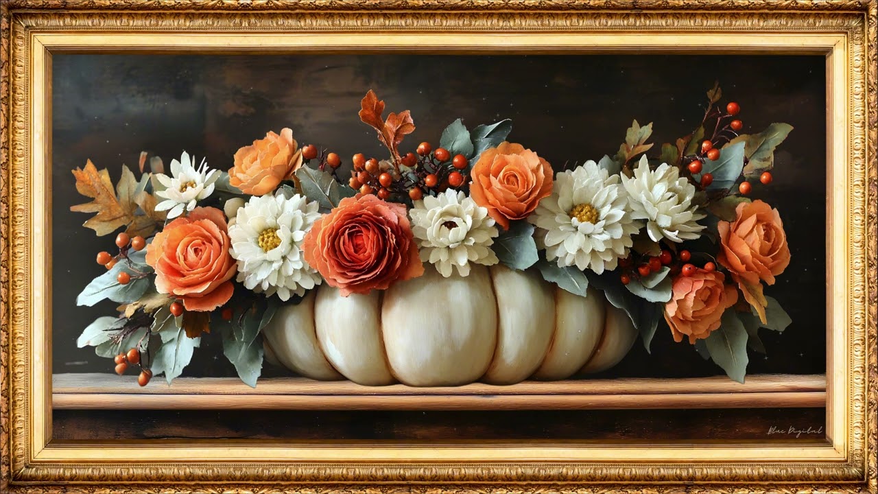 Elegant Fall Pumpkin Flower Arrangement | Slideshow Art Framed Screensaver for Your TV 🎃🎃⭐⭐⭐