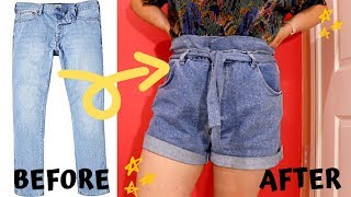 I thrifted some men's jeans into paper bag waist shorts. this was a
really easy project to make and it didn't take long either!!