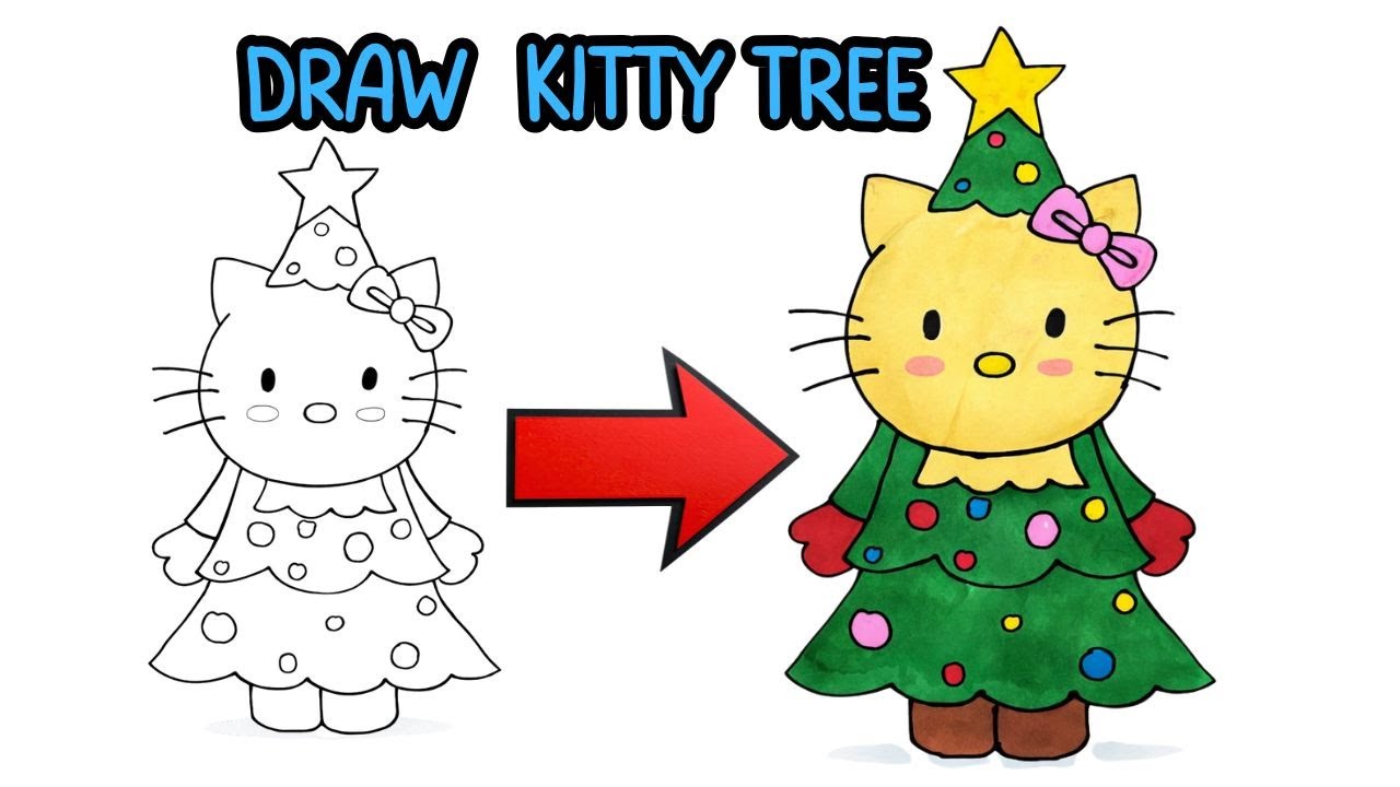 Draw Kitty Christmas Tree 🎄 Cute And Easy Coloring | Step By Step For Kids | Mini art workshop