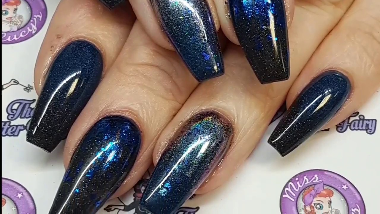 Acrylic Dark Ombre Nails With Chameleon And Chrome Flakes