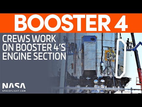 Crews Work on Booster 4's Engine Section | SpaceX Boca Chica