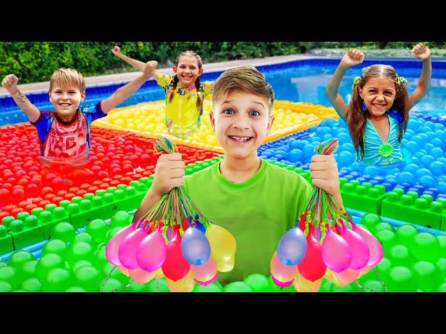 Water Balloons Challenge u0026 Others Fun Pool Adventures with Roma, Diana and Oliver! class=