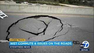 Large sinkhole closes 405 Freeway off-ramp in Sepulveda Pass for up to a month