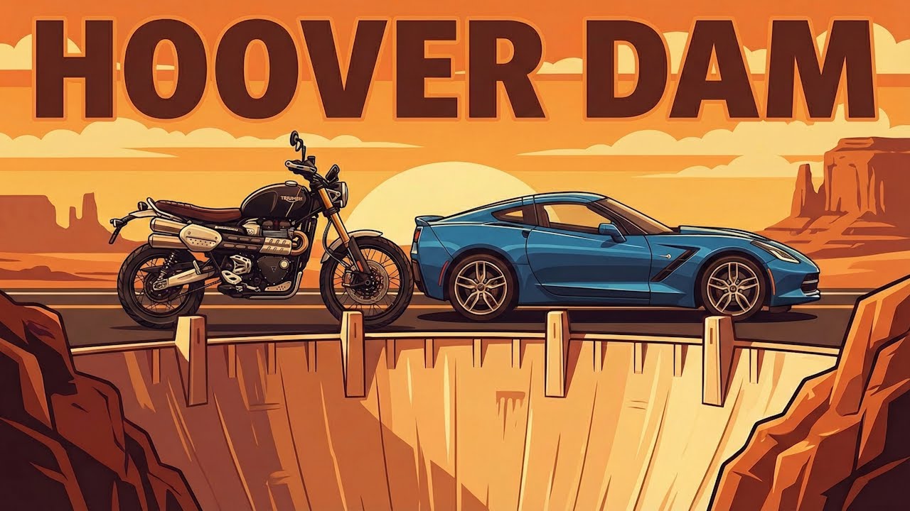 Triumph Scrambler 1200 XE и Corvette Stingray курсируют по плотине Гувера