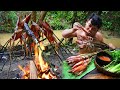 Primitive Cooking Squid Seafood BBQ with Hot Chili Sauce - Cook Octopus bbq eating so delicious