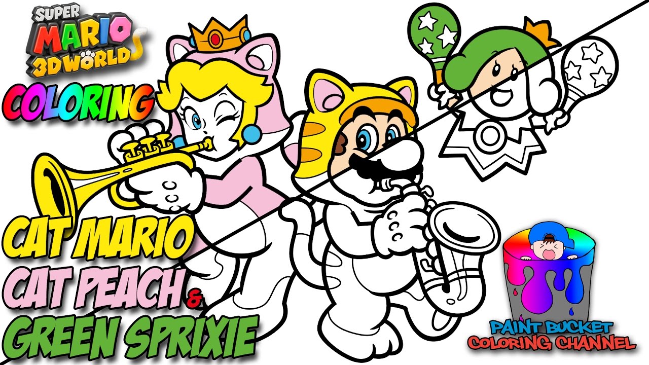 How to Color Cat Mario Cat Peach and Sprixie Princess Super Mario 3D World Nintendo Coloring Page