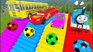 Funny Cars, Long Cars, Monster Truck, Thomas Train and Mcqueen with Flatbed Trailer Truck Rescue Bus