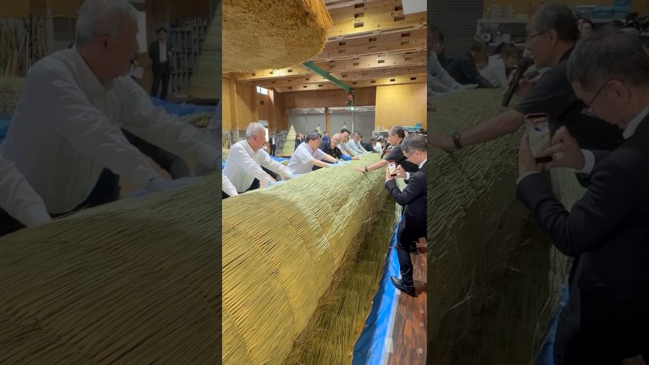 島根県飯南町の「大しめなわ創作館」を林芳正が視察。出雲大社神楽殿の日本最大級の大しめ縄（長さ13.6m・重さ5.2トン）づくりも体験！