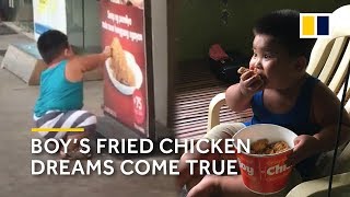 After he tries to eat off poster, boy’s fried chicken dreams come true