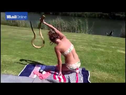 Sunbather grabs an attacking cobra with her bare hands