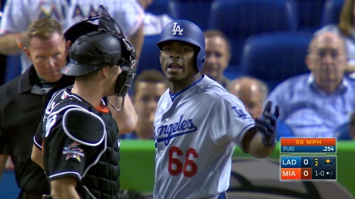 LAD@MIA: Tempers flare after Urena nearly hits Puig