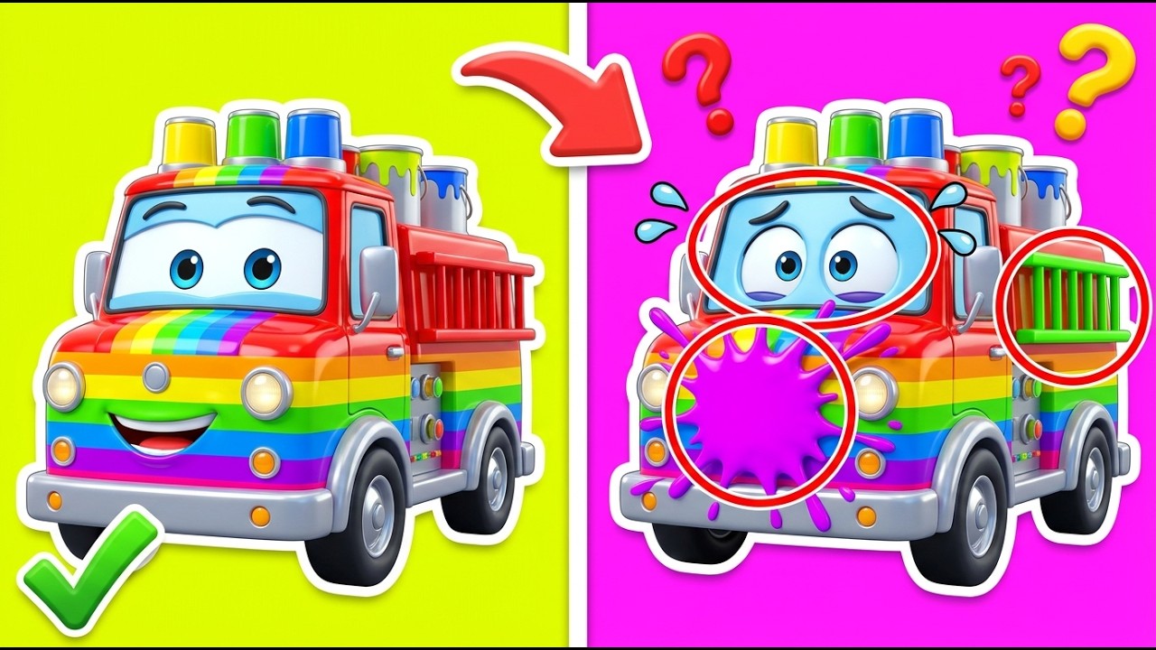 Play with Family Cars! Spot the Rainbow Paint Splat on Fire Trucks