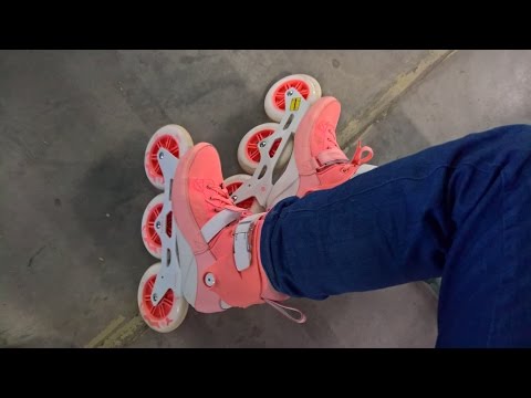 His sockless feet out of rental rollerblades