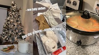 Cozy + rainy day at home | crockpot meal + Christmas tree 🎄 + new baby clothes