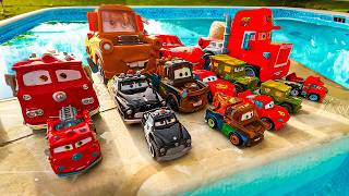 Disney Pixar Cars falling into deep pool, Lightning McQueen, Tow Mater, Mack, Sally, Francesco