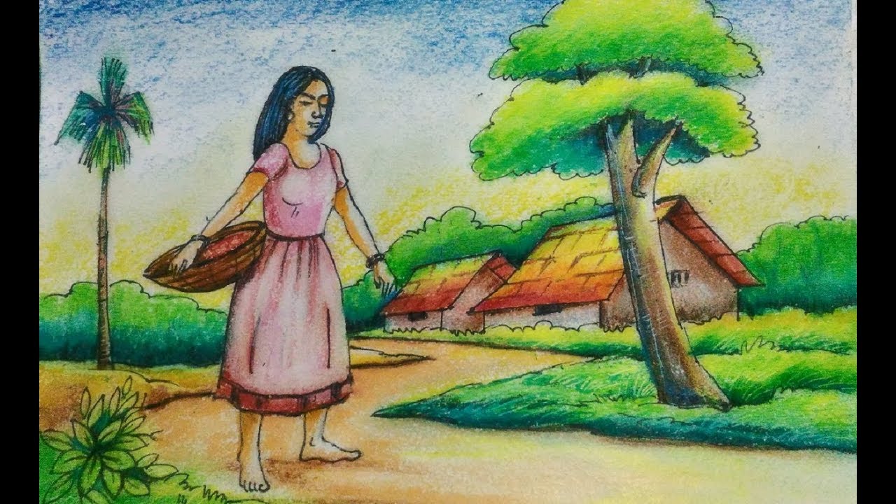 Beautiful village scenery drawing for kids - YouTube