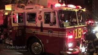 FDNY Engine 34 + Squad 18 + Battalion Chief 8 + Ladder 16 -- Arriving at Fire Scene