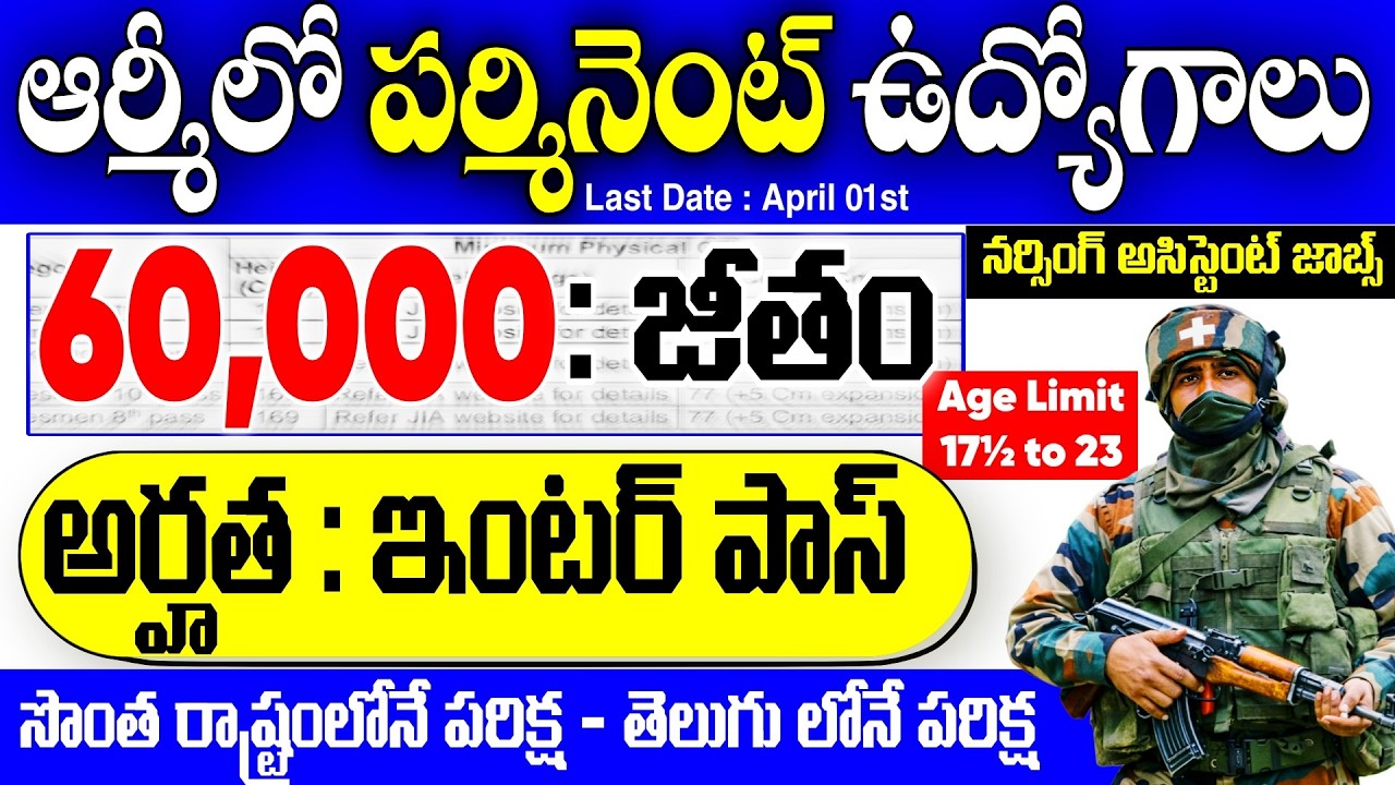 ఆర్మీలో పర్మినెంట్ ఉద్యోగాలు |జీతం : 60,000/- | ఇంటర్ పాస్ | ARMY Nursing Assistant Jobs 2026 Telugu