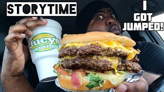 STORYTIME: I GOT JUMPED! PART 1😱😩 Jucys Hamburgers Mukbang 🍔