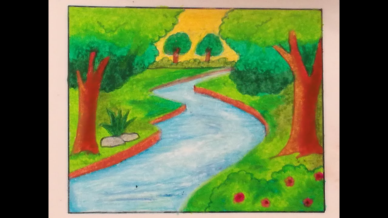 How to Draw And Color Forest Scene using oil Pastel | Simple drawing ...