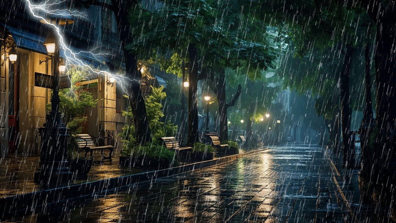 Sonido de lluvia y truenos poderosos en calle tranquila por la noche ...