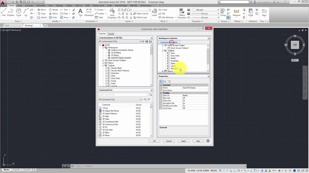 auto cad 2018 setting workspace to drafting and annotation