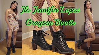 JLO JENNIFER LOPEZ GRAYSEN BOOTIE/ My OutFit fr SHEIN FLORAL GIGOT SLEEVE ONE SHOULDER BELTED ROMPER