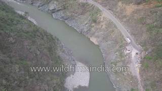 Mandakini river flows parallel to Kedarnath road in Uttarakhand: aerial view