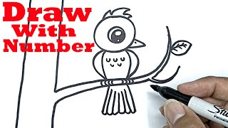 how to draw a bird sitting on a tree branch with number 0 drawing with number