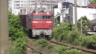 JR貨物　ED76 1020形　機関車が牽引する。。大型コンテナ多数積載 　寺ノ下踏切　撮影日2024 5 16