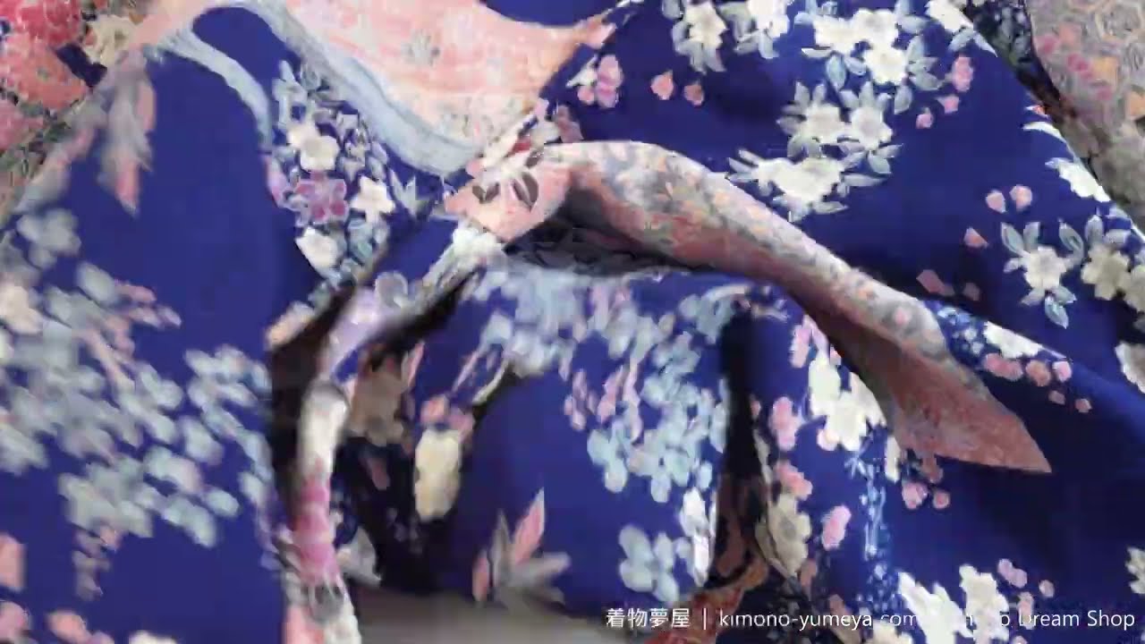 Blue with Pastels Furisode - Vintage Traditional Kimono Cherry Blossoms Maple Leaves Kikkou Sayagata