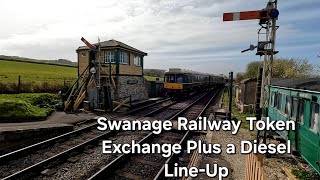 Token exchange on the Swanage Railway and a line up of Diesel locomotives.