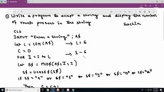 Write a program in Qbasic in which accept a string and display the number of vowel in the string