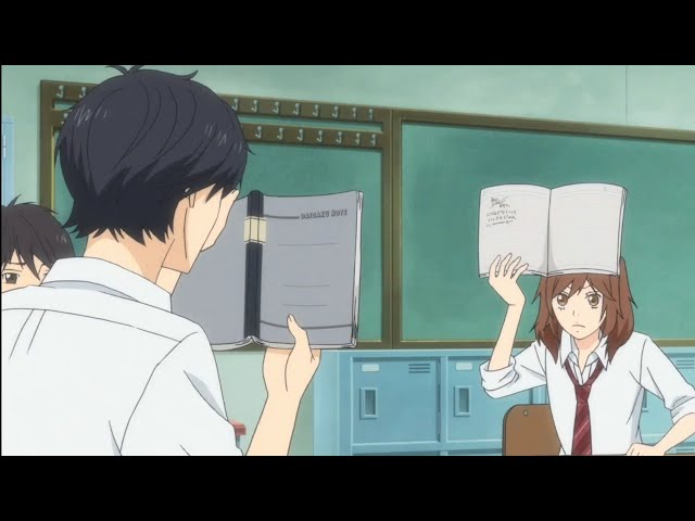 Kou caught by his teacher and saw what is written on his notebook (Ao Haru Ride) class=