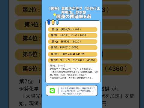 【国策】高市氏が推す「次世代太陽電池」の本命最強の関連株8選 #日本株 #日本投資機構株式会社 #資産形成 #お金 #日本経済新聞社 #お金の知識#高配当株
