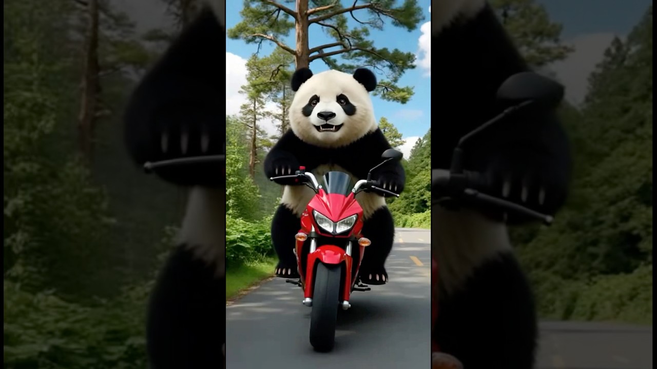 A baby panda riding a motorcycle 🏍️ 