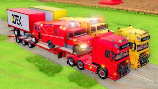#120 TRANSPORTING POLICE PICKUP, RESCUE TRUCK, CAT DOZER, SCANIA TIPPER TO GARAGE - FS22 screenshot 5