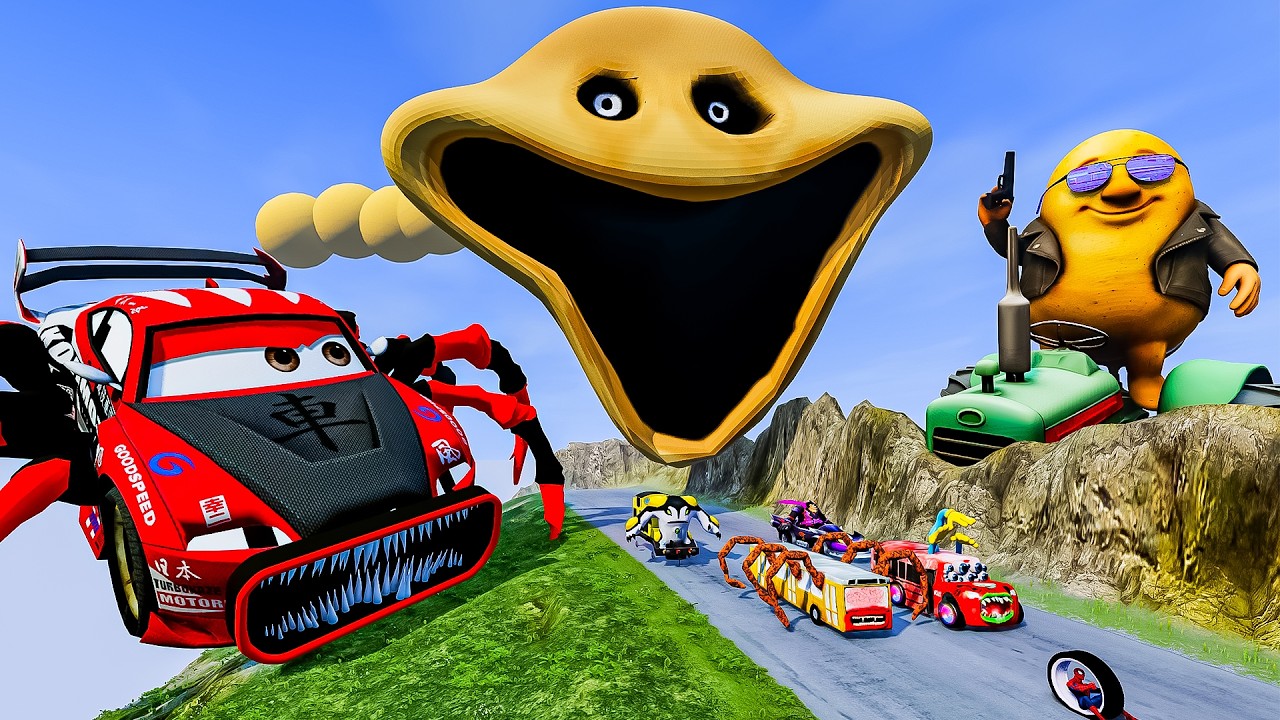 ALL MONSTERS Big & Small Cars vs Broken Bridge with SPIDER MCQUEEN & YELLOW MOUTH - BeamNG.Drive