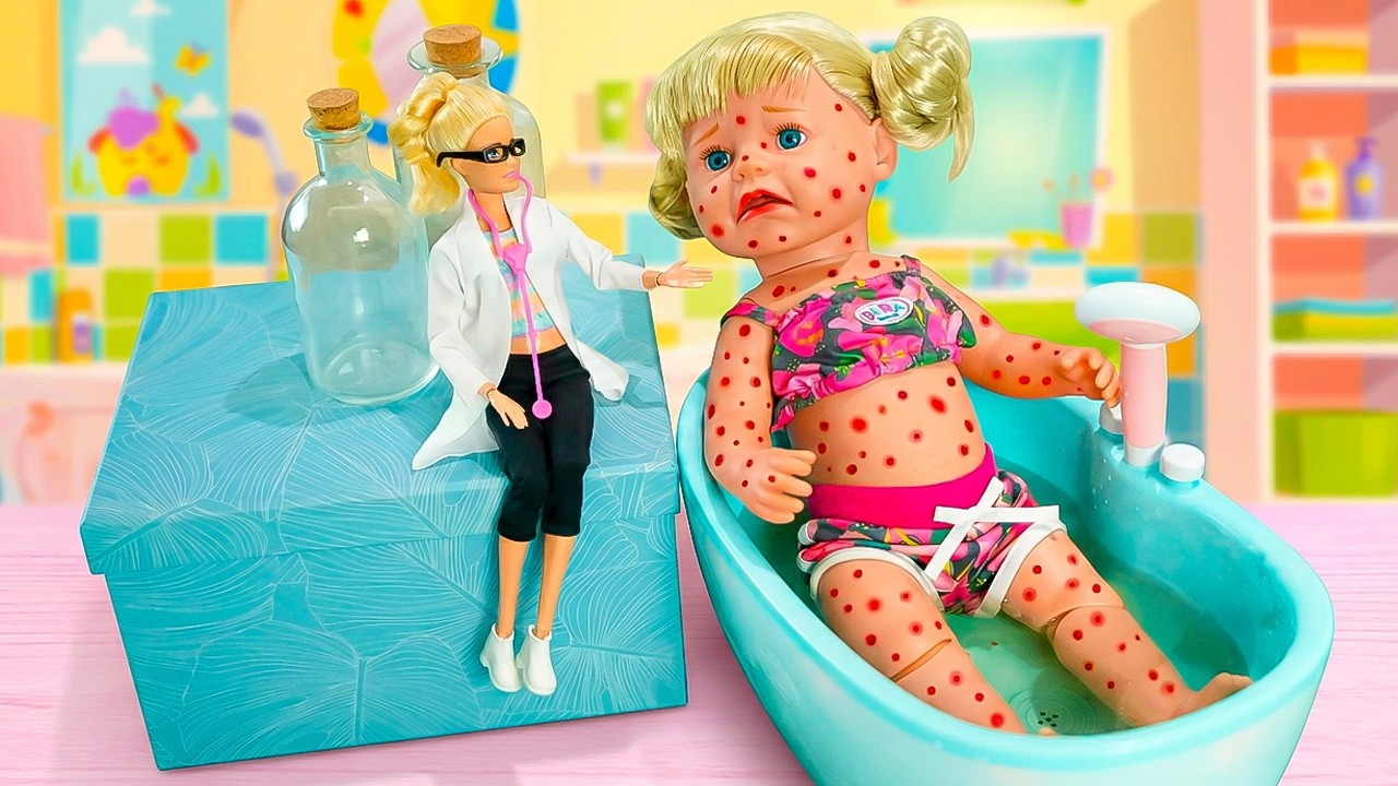 A boneca está com alergia! Vamos chamar a doutora para cuidar da saúde da boneca!