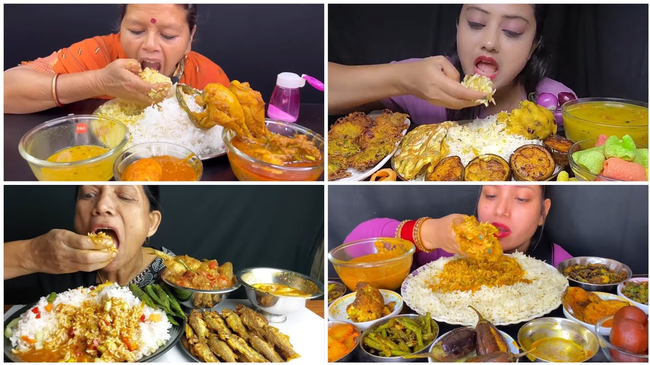 Asmr Eating Murgir Jhol, Katla Kalia, Omlet, Mix veg, Karela Vaja, Begun Fry, Fish Fry Dal & Rice