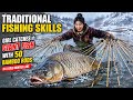 Traditional Fishing Skills - Girl Catches Giant Fish with 50 Bamboo Rods in a Cold Winter La