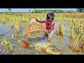 amazing bamboo tools polo fishing video/smart little boys catching fish by polo with rainy water