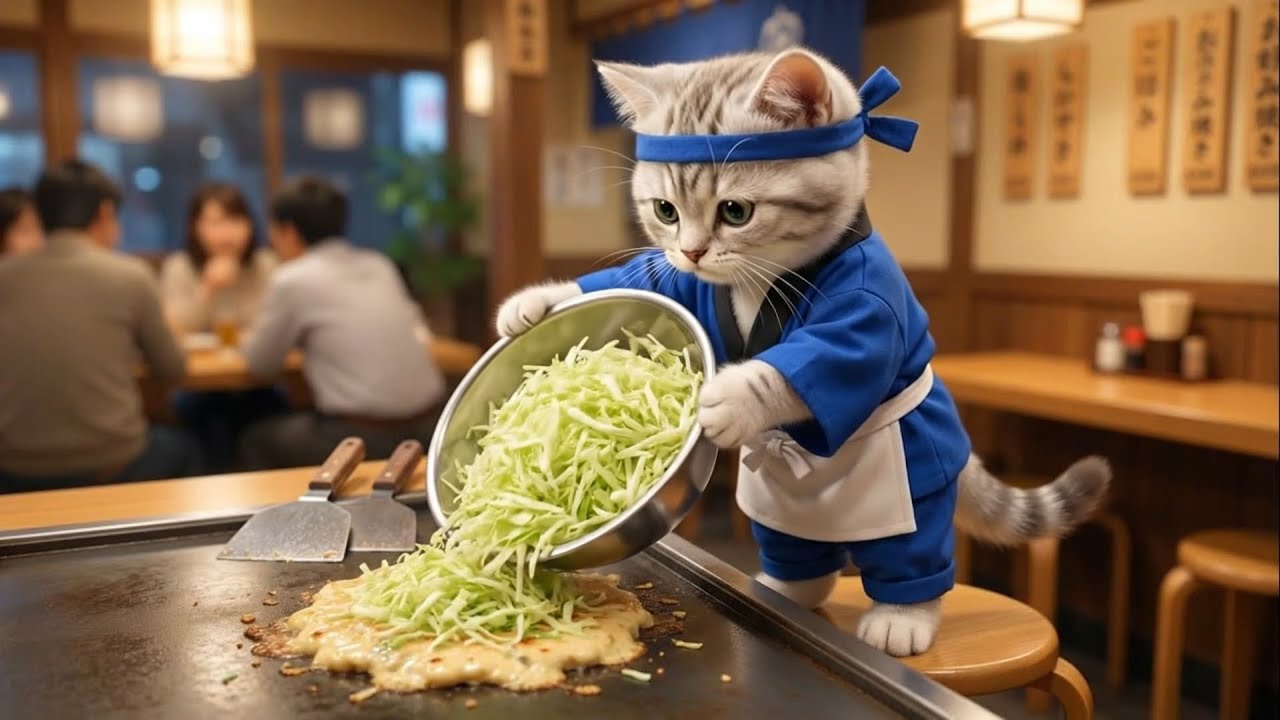 いらっしゃいませ!!お好み焼き屋さんでバイト...ねこの一日に密着🐱🥞