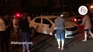 شاهد سيارة تسير بسرعة اصطدمت بعمود كهربائي و سيارتين و انقلبت بشارع التحرير بالجديدة
