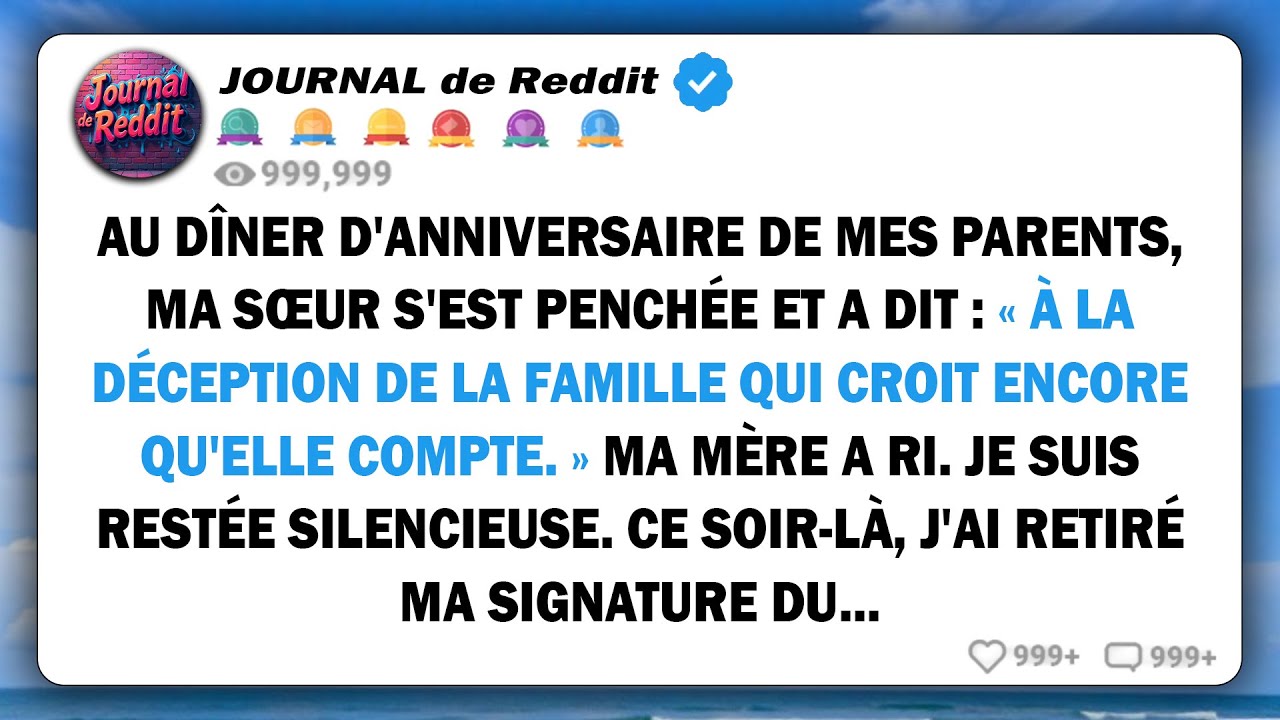 Ce soir-là, au restaurant, ma sœur a levé sa flûte de champagne et a dit devant toute la table : « Voilà celle qui a déçu la famille et qui croit encore qu’elle compte. » Ma mère a ri. Mon père a...
