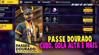 CORRE!! LOGIN DO PASSE DOURADO PARA TODOS, ESTILO TECH, CUBO GRÁTIS, GOLA PRETA, NOVIDADES FREE FIRE