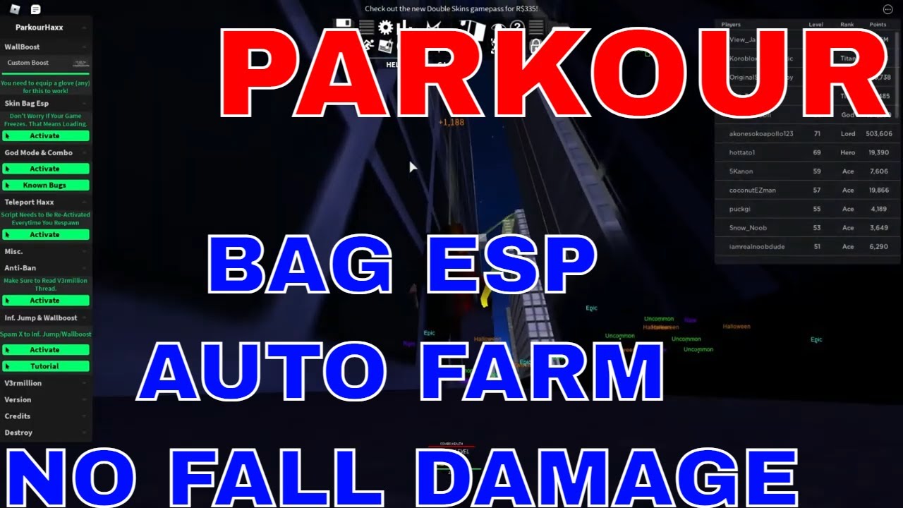 Roblox Parkour Bag Farm Script 2021 Infinite Jump And No Fall Damage Youtube - roblox parkour script hack