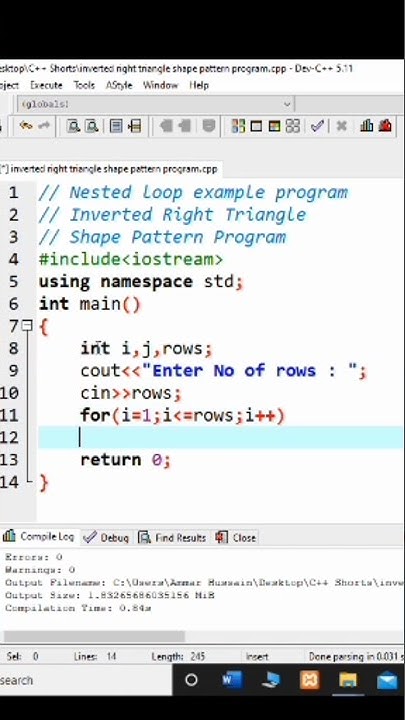 #84 Inverted Right Triangle Shape Pattern Program in C++ | C++ ...