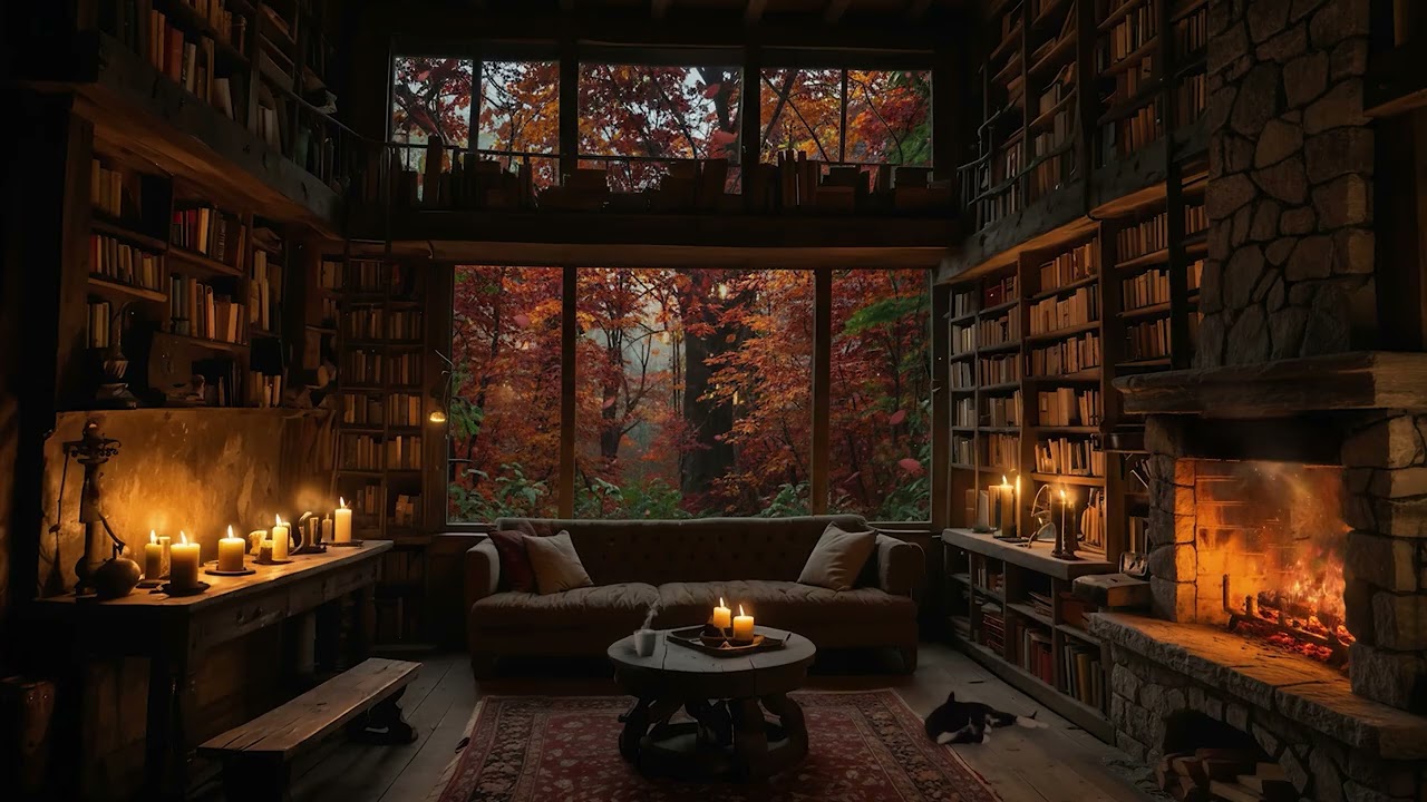 Cozy Fall Library Ambience 🍁 Crackling Fireplace & Relaxing Music
